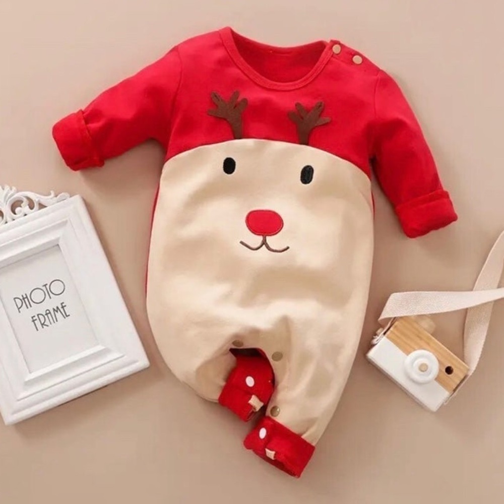 9M BRAND NEW Baby Onesie Reindeer Outfit Christmas Holidays Red Cream